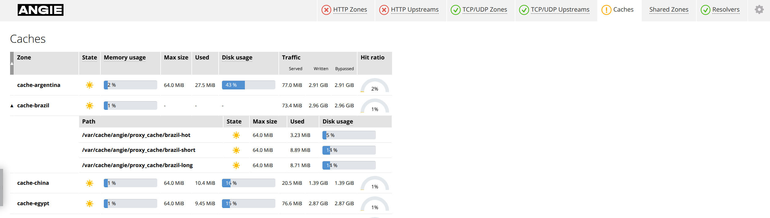 Console Light – "Caches" tab