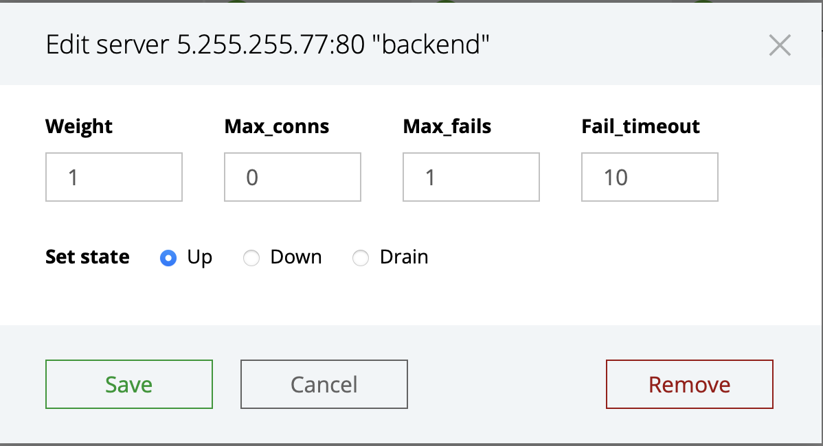 Console Light — editing servers on the "HTTP Upstreams" tab